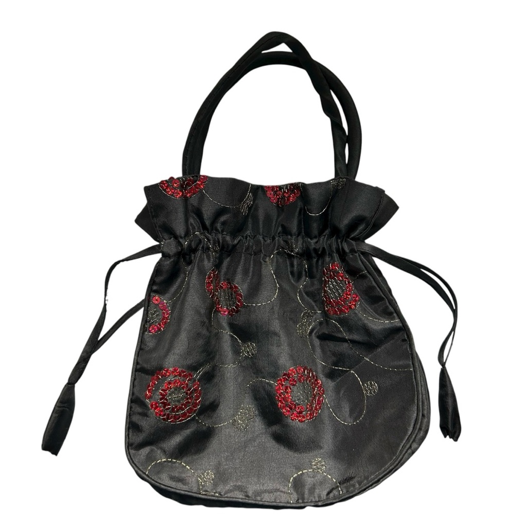 Vintage Black Silk Red Rhinestone Embroidered Drawstring  Bag